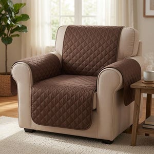 May include: A dark brown quilted furniture cover draped over a cream-colored armchair. The cover features a diamond-stitched pattern that extends across the backrest, seat, and armrests, providing a fitted appearance over the upholstered chair.