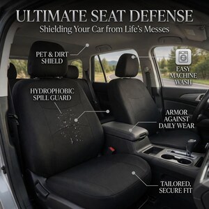 May include: Black car seat covers with the text "ULTIMATE SEAT DEFENSE" and "Shielding Your Car from Life's Messes". Features include a pet and dirt shield, hydrophobic spill guard, easy machine wash, armor against daily wear, and a tailored, secure fit.