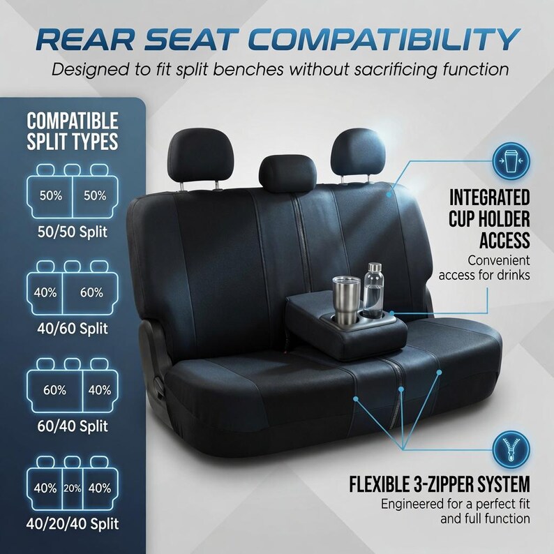 May include: Black car seat cover with integrated cup holders and a flexible 3-zipper system. The cover is designed to fit split benches, with diagrams showing compatibility for 50/50, 40/60, 60/40, and 40/20/40 split types.