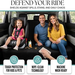 May include: Image of a car seat cover with the text "DEFEND YOUR RIDE". The cover is black and features a child in a car seat, and two adults. The cover is designed to protect against spills and stains. The text also says "TOUGH PROTECTION FOR KIDS & PETS", "WIPE-CLEAN TECHNOLOGY", and "MACHINE WASH READY".