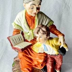 Vintage Japan Figurine Grandma Reading Book Boy Bisque Handmade Porcelain