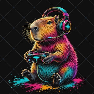 May include: A capybara with brown fur wearing neon-colored gaming headphones with a microphone. The capybara is holding a video game controller with both paws. The illustration features vibrant pink, blue, and orange highlights against a black background.
