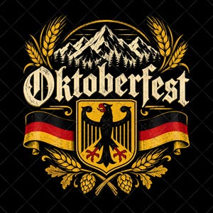 May include: A graphic design featuring the text Oktoberfest in a stylized font, centered above a yellow shield with a black eagle. The design includes illustrations of mountain peaks, wheat stalks, hop cones, and two horizontal German flag banners.