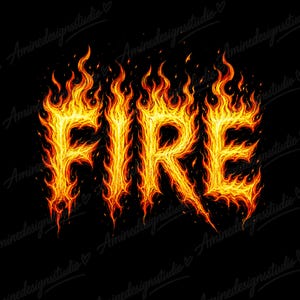 May include: The word FIRE is written in a stylised font composed of bright yellow, orange, and red flames against a solid black background. The letters are formed by flickering fire shapes with sharp, pointed edges and glowing embers.