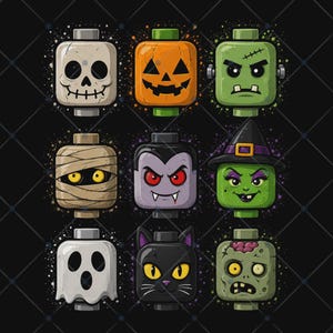 May include: A graphic illustration featuring nine square-shaped character heads arranged in a grid on a black background. The characters include a skull, a jack-o'-lantern, a green monster, a mummy, a vampire, a witch, a ghost, a black cat, and a zombie.