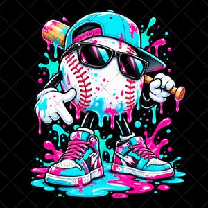 Puede incluir: Un personaje de béisbol de dibujos animados con una gorra azul brillante y gafas de sol negras, sosteniendo un bate de béisbol de madera. El personaje lleva zapatillas altas con detalles en rosa y azul, rodeado de salpicaduras de pintura.