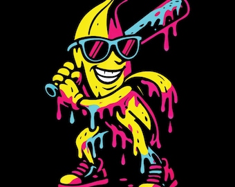 Neon Banana Baseball PNG: Funny Cartoon Fruit Clipart (Digital Download)