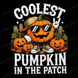 Può includere: Un'illustrazione grafica di una zucca arancione centrale che indossa un berretto da baseball al contrario e occhiali da sole neri, facendo un gesto con la mano. Due zucche più piccole sono vicine. Il testo recita COOLEST PUMPKIN IN THE PATCH su sfondo nero.