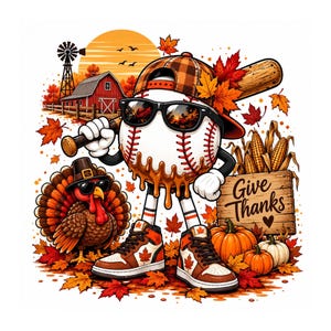 Könnte beinhalten: Eine Baseball-Cartoonfigur mit Sonnenbrille, karierter Mütze und Turnschuhen, die einen Holzschläger hält. Daneben stehen ein Truthahn mit Pilgerhut, Kürbisse und ein Holzschild mit der Aufschrift Give Thanks, umgeben von herbstlichen Ahornblättern.