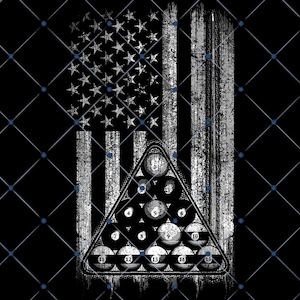 May include: A distressed American flag design with a rack of billiard balls. The flag is in grayscale with a textured effect. The billiard balls are numbered and arranged in a triangle. A black diamond pattern overlays the image.