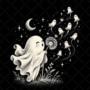 May include: A black and white illustration featuring a ghost blowing on a dandelion. The dandelion seeds transform into small, floating ghosts that drift into the night sky. A crescent moon and several four-pointed stars surround the figures.