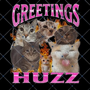 Op de afbeelding: Grafisch ontwerp met verschillende kattengezichten, vlammen en de woorden "GREETINGS" en "HUZZ" in roze, tegen een zwarte achtergrond met een raster.
