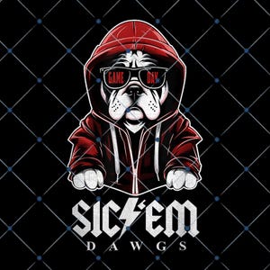 May include: A graphic of a bulldog wearing a red hoodie and sunglasses with the text "GAME DAY." The bulldog is set against a black background with the words "SIC'EM DAWGS" in white.