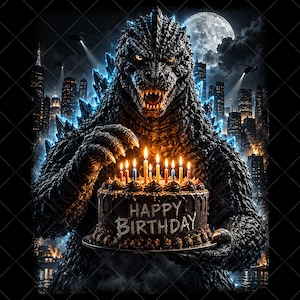 Godzilla Birthday PNG, Funny Kaiju Monster Birthday, Giant Monster Cake Design, Retro Horror Birthday, Sublimation Digital Download