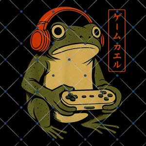 May include: A cartoon frog wearing orange headphones and holding a video game controller. The frog is green and yellow, set against a black background with a grid pattern. Japanese text is in a red rectangle.