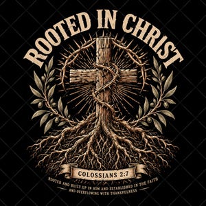Peut inclure: Une illustration graphique sur fond noir représentant une croix en bois entourée d'une couronne d'épines, avec des racines s'étendant vers le bas. Le texte indique ROOTED IN CHRIST, COLOSSIANS 2:7, et ROOTED AND BUILT UP IN HIM AND ESTABLISHED IN THE FAITH AND OVERFLOWING WITH THANKFULNESS.