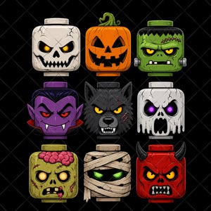 May include: A collection of nine square-shaped character heads featuring Halloween themes, including a cracked skull, a jack-o'-lantern, a green monster, a vampire, a werewolf, a ghost, a zombie with exposed brain, a mummy, and a red devil.