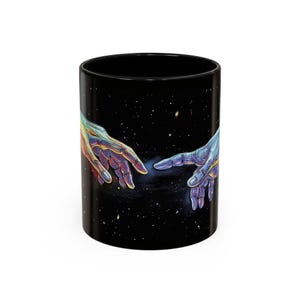 Cosmic Creation Coffee Mug: Artistic Hands Design - Space Lover Gift