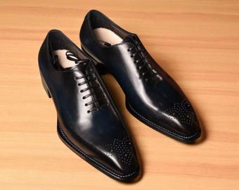 Handmade Black Leather Oxford Brogue Whole Cut Shoes