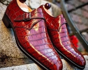Scarpe monk-strap in pelle rossa con stampa coccodrillo su misura – Calzature Oxford formali da uomo fatte a mano – Regalo sexy – Monk-Shoe