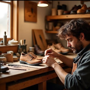 Pu&ograve; includere: Una scarpa oxford in pelle color cuoio con lacci marroni e suola nera appoggiata su un banco da lavoro in legno. La scarpa presenta una finitura liscia e un design basso. Vari strumenti per la lavorazione della pelle e calzature sono visibili sullo sfondo.