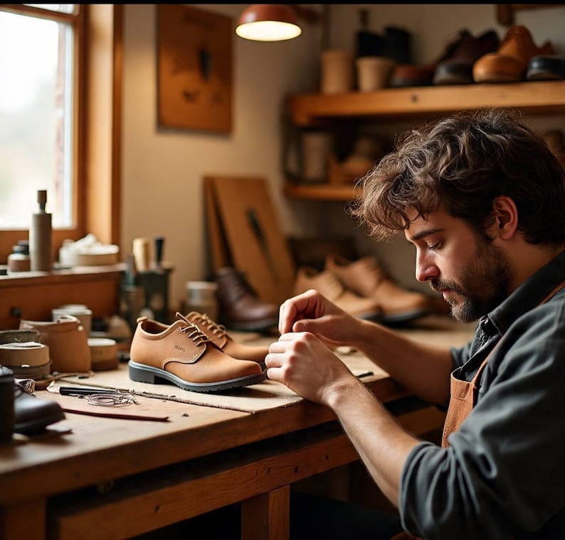 Pu&ograve; includere: Una scarpa oxford in pelle color cuoio con lacci marroni e suola nera appoggiata su un banco da lavoro in legno. La scarpa presenta una finitura liscia e un design basso. Vari strumenti per la lavorazione della pelle e calzature sono visibili sullo sfondo.