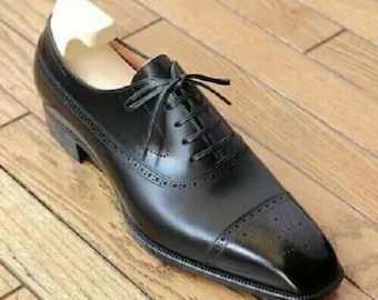 Stylish Men's Genuine Leather Handmade Black Cowhide Leather Cap-Toe Oxford Brogue Formal Dress Shoes