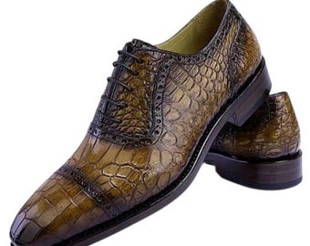 Handmade Brown Shaded Crocodile Printed Leather Oxford Brogue Lace-Up Cap-Toe Dress Formal Shoes
