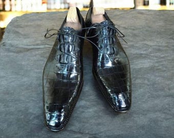 Handmade Black Crocodile Printed Leather Oxford Brogue Whole Cut Shoes