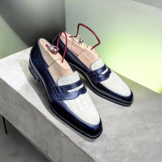Men's Bespoke Two-Tone Blue Calf-Leather & White Crocodile Texture Penny-Loafer Moccasin Oxford Dress Slip-on Handmade-Shoe