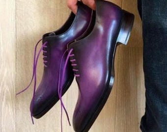 Men's Real Leather Handmade Purple Shaded Cowhide Leather Whole-Cut Oxford Shoes