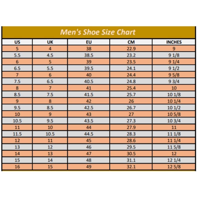 Pu&ograve; includere: Una tabella delle taglie di scarpe intitolata Men's Shoe Size Chart con colonne per US, UK, EU, CM e INCHES. La tabella mostra valori numerici per le taglie di scarpe da 5 a 16 in taglie USA, con le relative misure in centimetri e pollici.