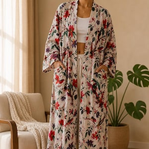 May include: A long, open-front robe featuring a white-coloured base with a vibrant floral and bird print in shades of red, green, and purple. The garment includes long, wide sleeves and two large patch pockets on the front, falling to the ankles.