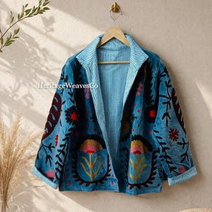 Handmade Blue Velvet Sujani Jacket: LOVE Floral Embroidery Boho Statement Coat
