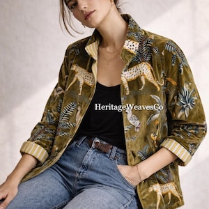 Jungle Print Green Velvet Jacket Boho Animal Safari Printed Partywear Coat