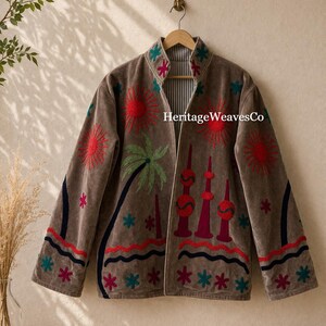 Handmade Velvet Sujani Jacket: Embroidered Sun Palm Tree Boho Statement Coat