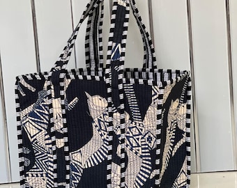 Indian Handmade Cotton Quilted Tote Bag- Animal Cat Printed Small Bag