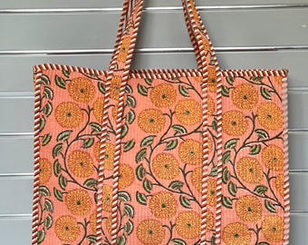 Indian Handmade Floral Quilted Cotton Tote Bag – Orange Bloom Design Shoulder Bag