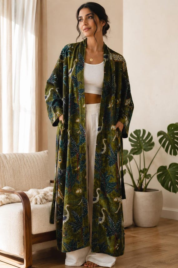 Reversible Velvet Kimono Robe, Handmade Cotton Velvet Kimono, Boho Duster Jacket, Plus Size Kimono Cardigan