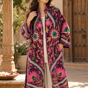 Plum Velvet Embroidered Coat, Handmade Boho Long Jacket, Colorful Floral Embroidery, Vintage Folk Art Coat, Statement Velvet Outerwear