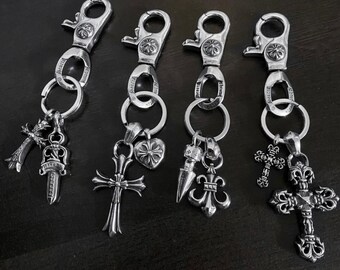 S925 Sterling Silver Keychain With Cross & Dagger Charms | Gothic