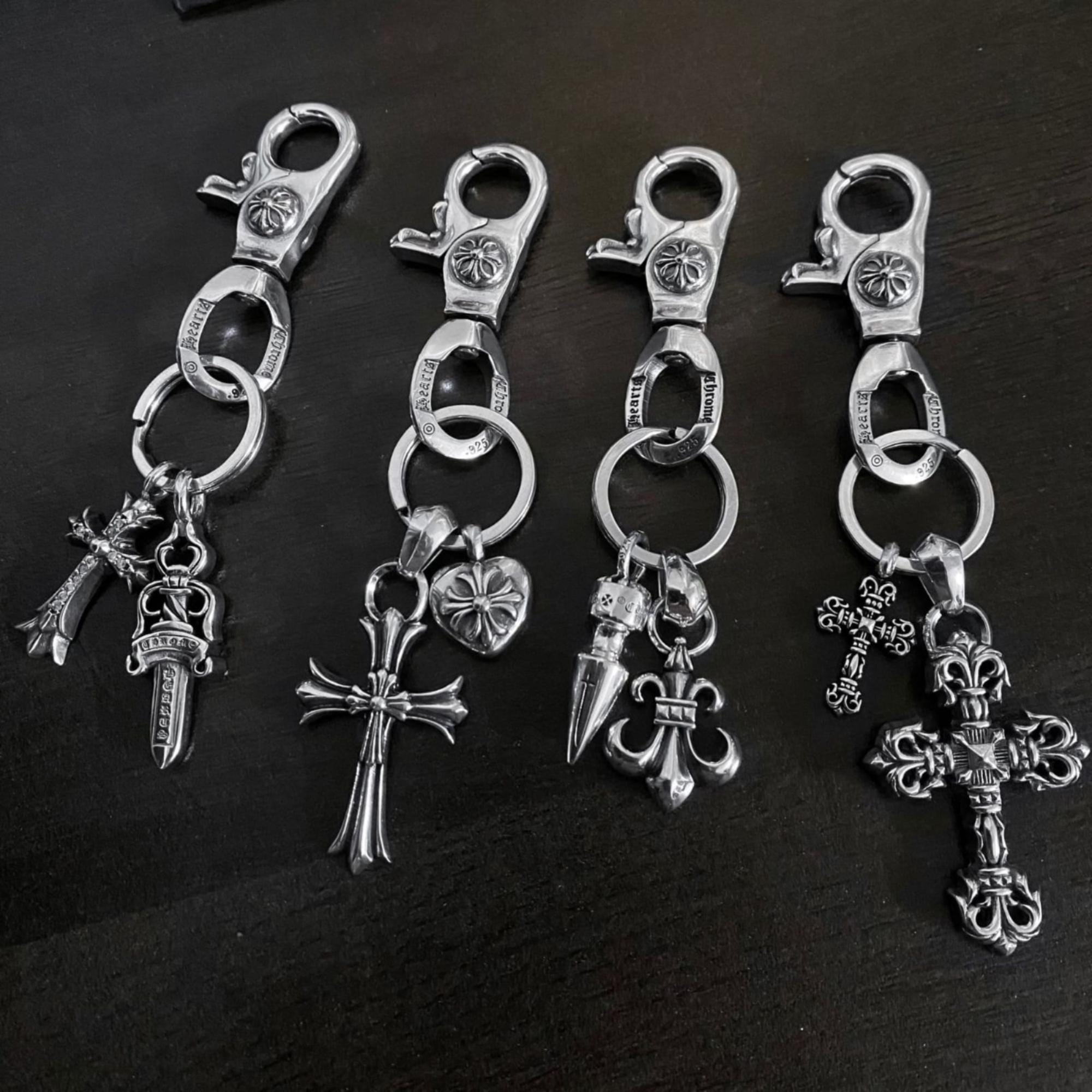 S925 Sterling Silver Keychain With Cross & Dagger Charms | Gothic