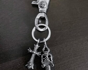 S925 Sterling Silver Keychain With Cross & Dagger Charms | Gothic