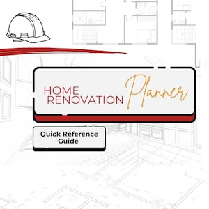 Può includere: Un pianificatore di ristrutturazione della casa con sfondo bianco, con il titolo "Home Renovation Planner" in carattere nero e oro. L'immagine include una guida di riferimento rapido, una lista di controllo, una vision board e una guida al budget.