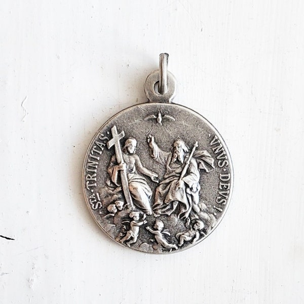 ANTIQUED SILVER - Double Sided - Holy Trinity Medal and Holy Spirit - Pendant - Medalla - Espiritu Santo - Trinidad Santa - Alpacca - Alpaca