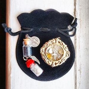Gold Reliquary with .925 Sterling Silver Love, Faith & Hope with 3 Gemstone Citrine Cabochons - Saint Michael Relic and Blessed Salt