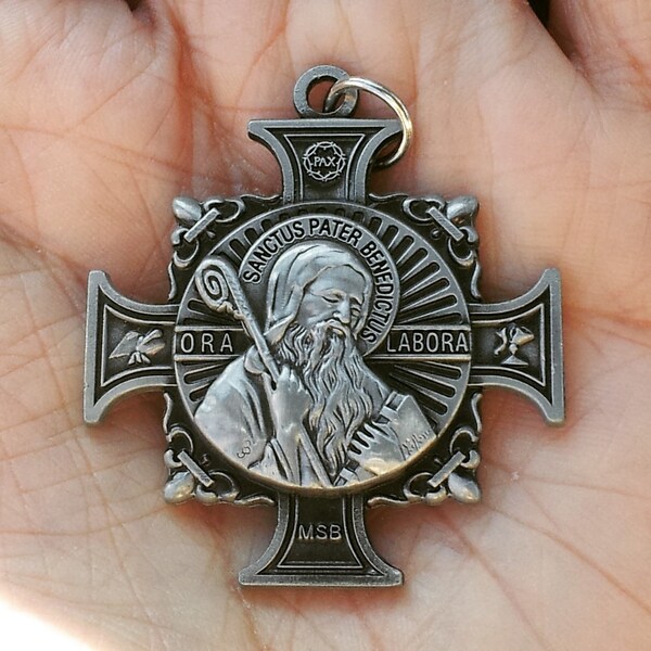 Saint Benedict Cross Medal - Pendant - Antique Silver - San Benito - Pewter