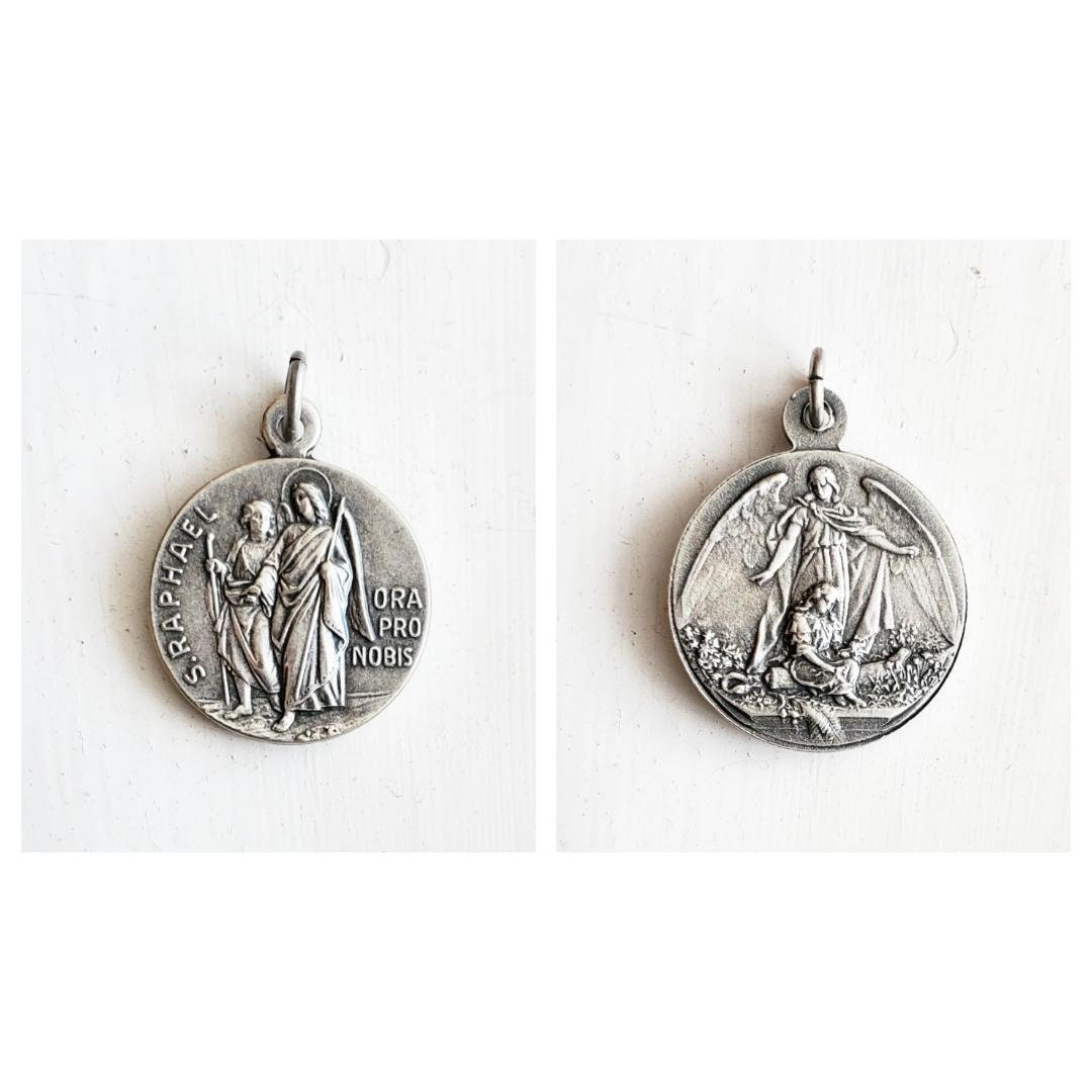 ANTIQUED SILVER - Double Sided - Saint Raphael the Archangel - Angel …