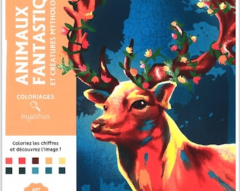 May include: A coloring book cover featuring a vibrant illustration of a deer with large antlers adorned with flowers and vines. The book's title, "ANIMAUX FANTASTIQUES," is displayed in large letters, with additional text in French.