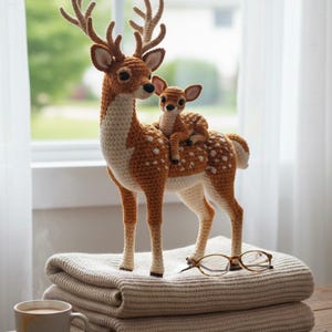 Puede incluir: Una figura de ciervo de ganchillo con un cervatillo en la espalda. El ciervo es marrón y blanco con manchas blancas, y el cervatillo es de un color similar. Las figuras están sobre una pila de mantas beige dobladas.